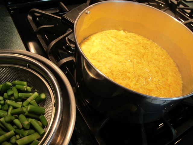 Broth and asparagus.