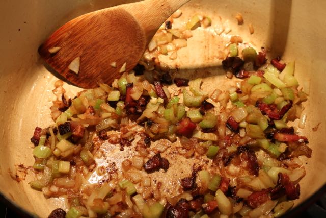 Saute onions, celery with bacon.