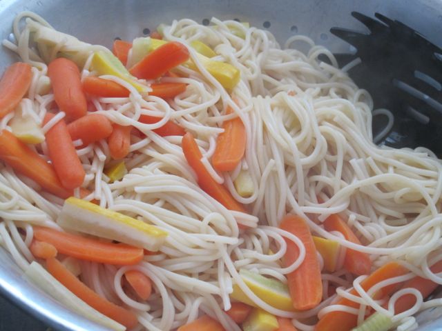Pasta, carrots and squash.