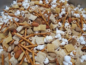 pretzels, dried cereal, snack mix