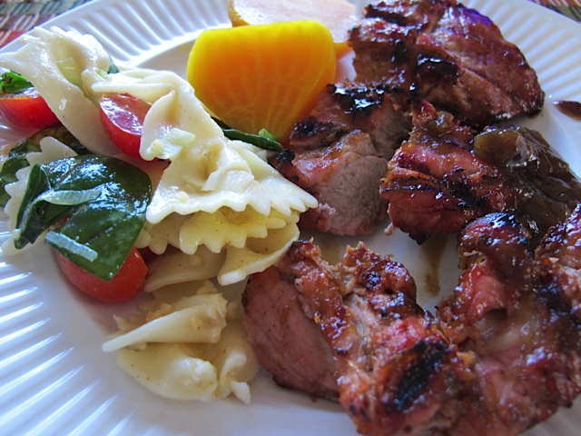 pasta salad, pork, spinach