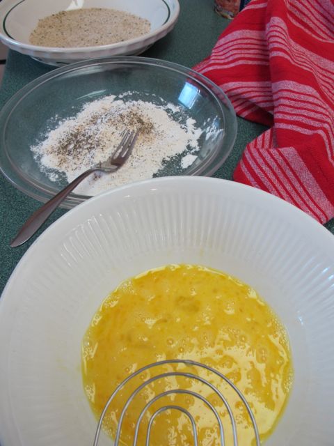 Eggs, flour and breadcrumbs.