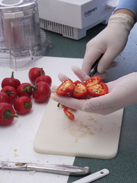 Wear gloves when chopping  hot peppers!