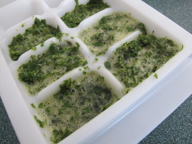 Freezing herbs in an ice cube tray.