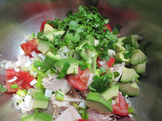 Combine all ingredients except dressing.