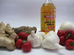 hot peppers, horseradish, garlic, ginger, vinegar