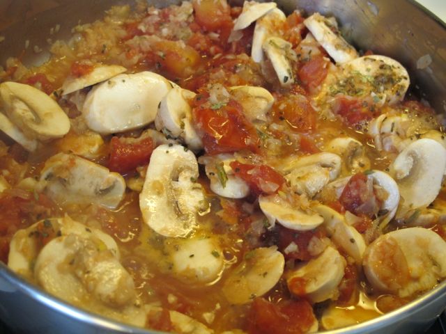 Saute onions, garlic, mushrooms and tomatoes.