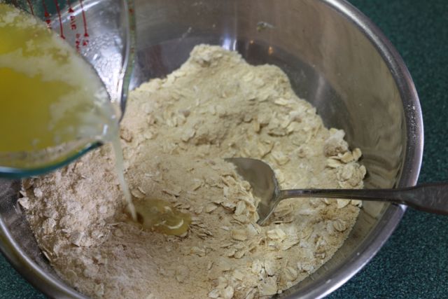 Combine butter with dry ingredients.