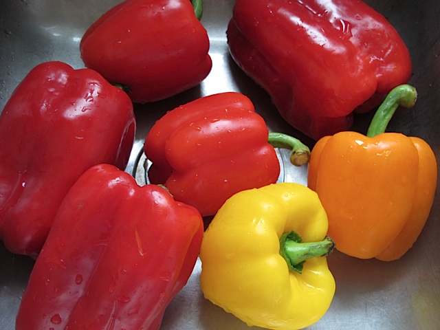 Red, Yellow & Orange Peppers freezing, vegetables
