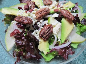 candied pecans, pear, salad