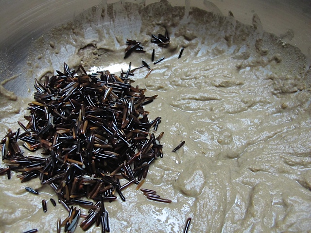 Add the cooked rice to the batter. pancakes