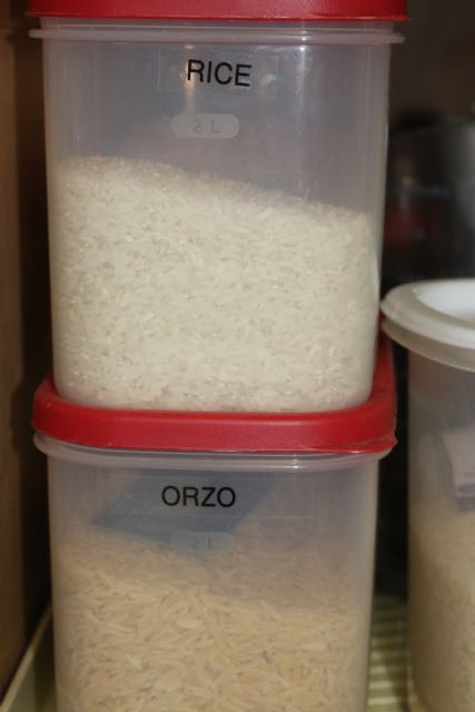 Buy food such as rice in larger containers and store it in smaller containers.