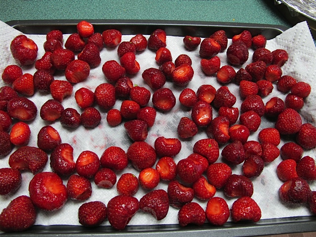 Place berries on a cookie sheet. prudent pantry, berries