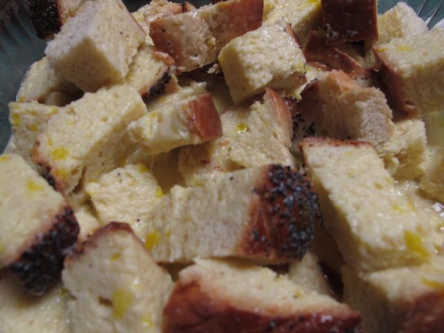 Pour the egg mixture over the bread.